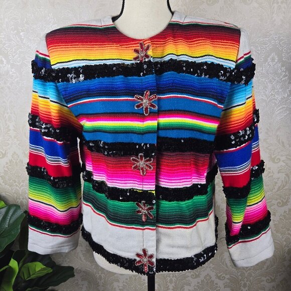 Veronica Prida Designs Size Medium Colorful Striped Serape Jacket Sequin Trim - Picture 1 of 16